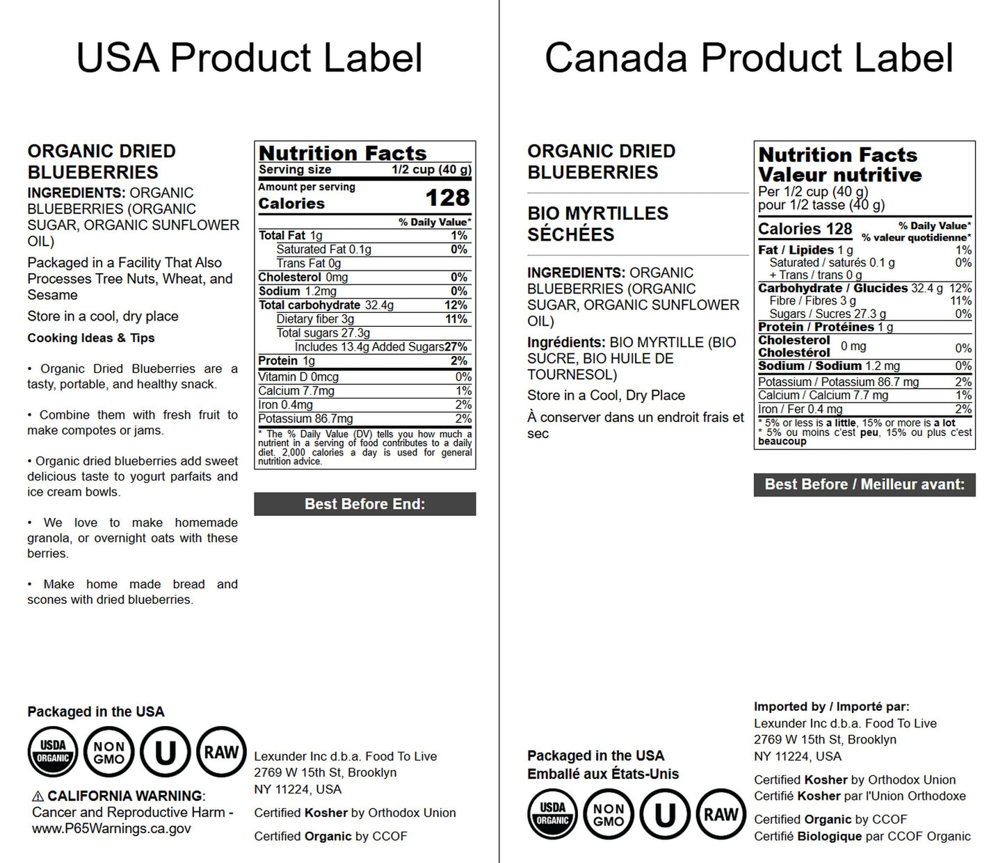 Organic Dried Blueberries - Non-GMO, Kosher, Raw, Vegan, Unsulfured, Bulk - by Food to Live