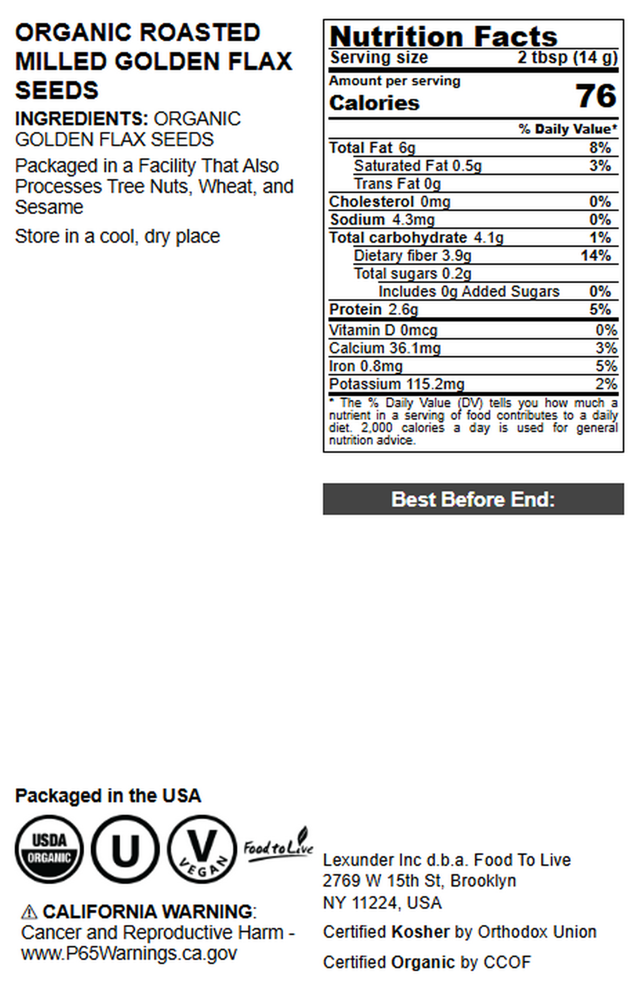 Organic Roasted Milled Golden Flax Seeds – Vegan, Kosher, Bulk – by Food to Live