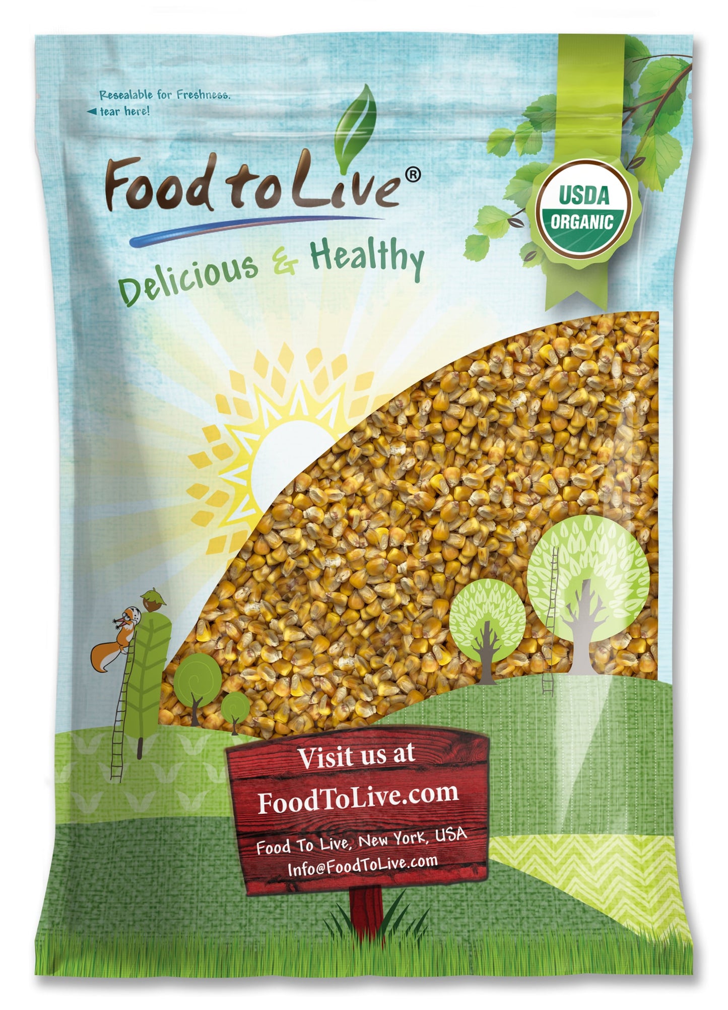 Organic Yellow Whole Corn - Non-GMO Maize, Cleaned and Dried Kernels, Vegan, Kosher, Bulk, Good Source of B vitamins - by Food to Live