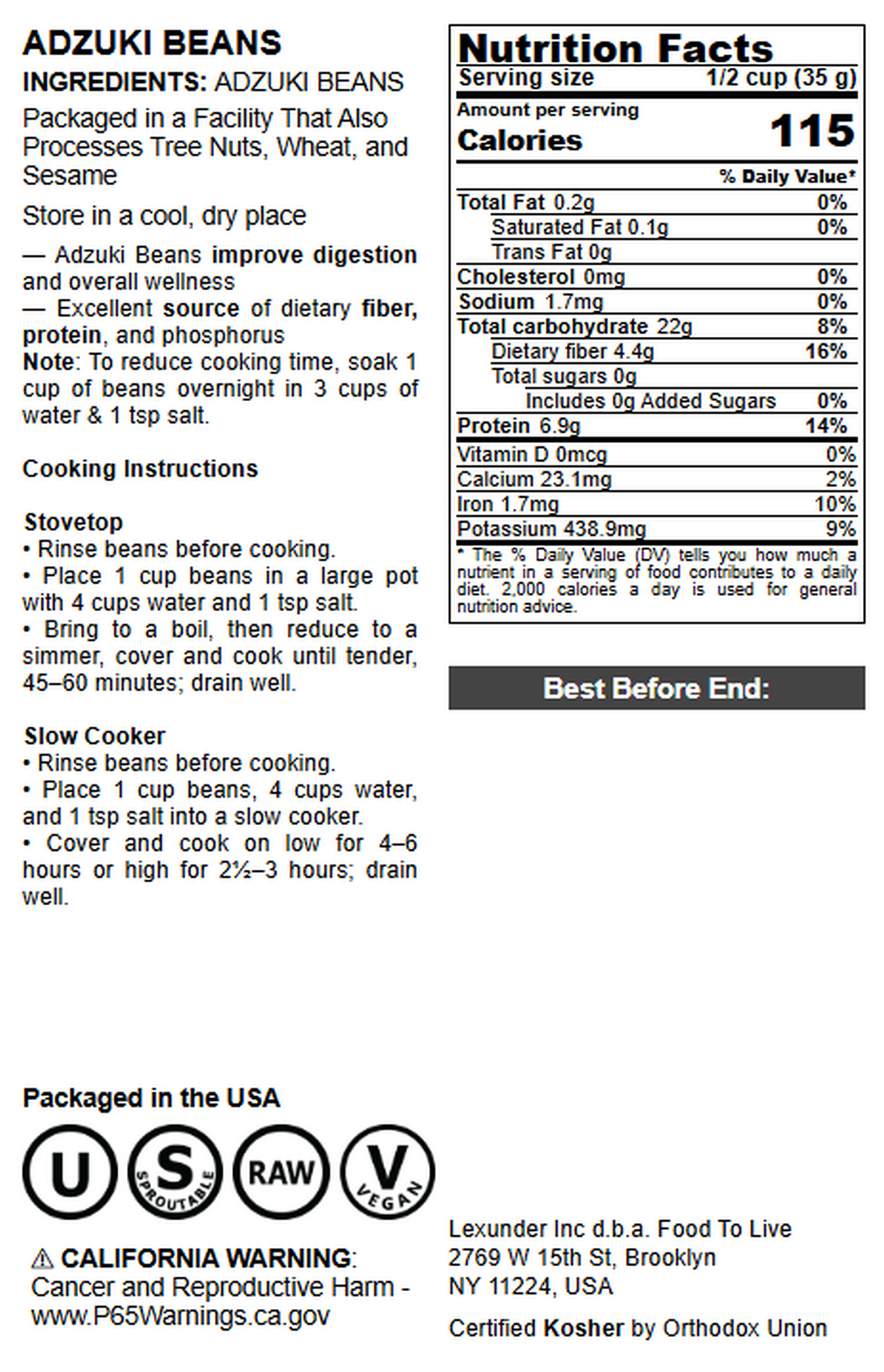 Adzuki Beans - by Food To Live