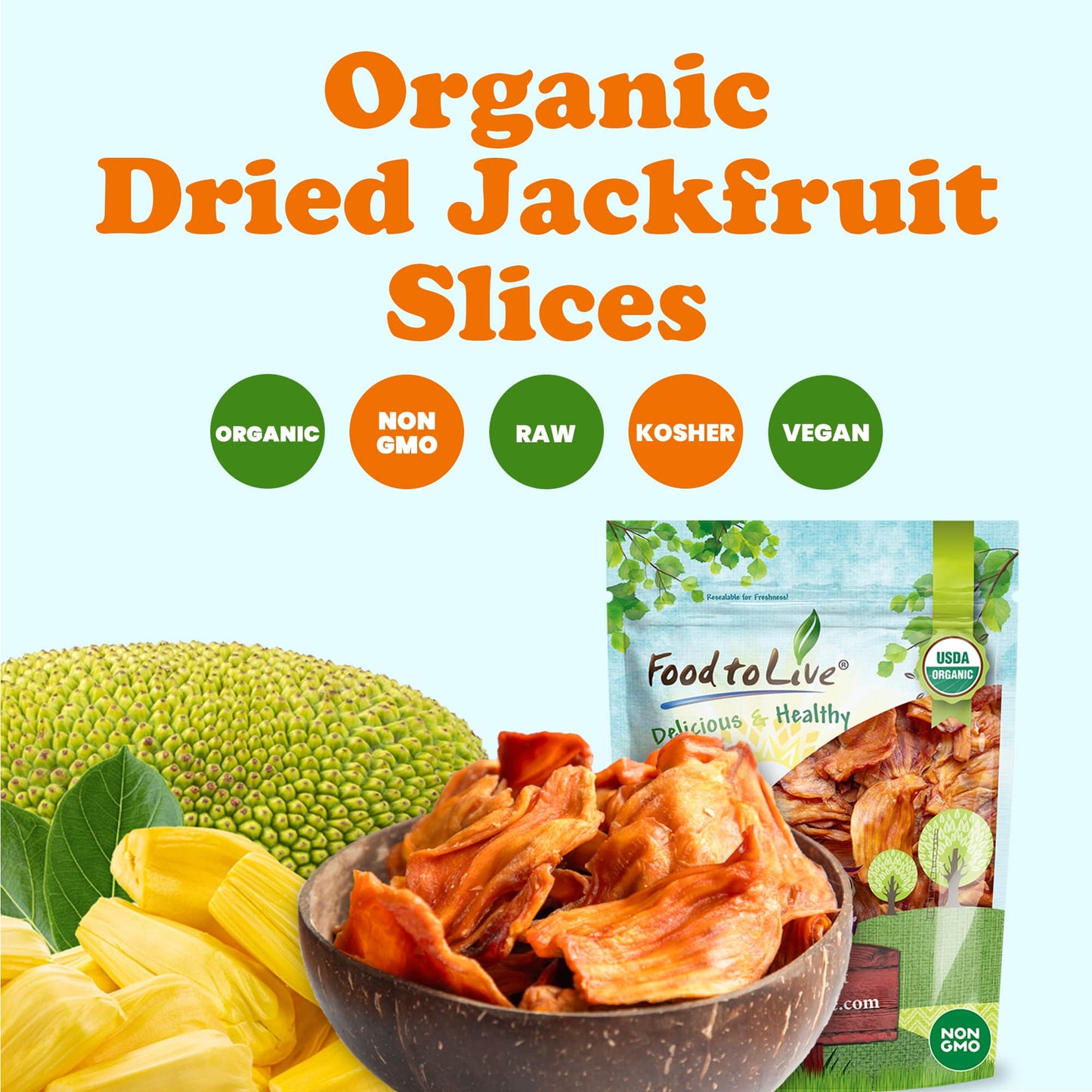 Organic Dried Jackfruit Slices – Non-GMO Chewy Snack for Kids and Adults, Unsweetened, Unsulfured, Nutritious Vegan Superfood in Bulk, Kosher