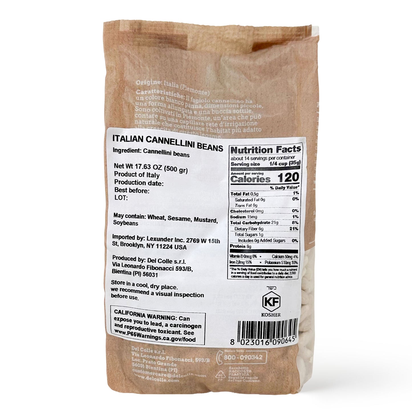 Del Colle Piemonte Cannellini Beans, 1.1 LB (500 g) – Sproutable, Vegan, Kosher