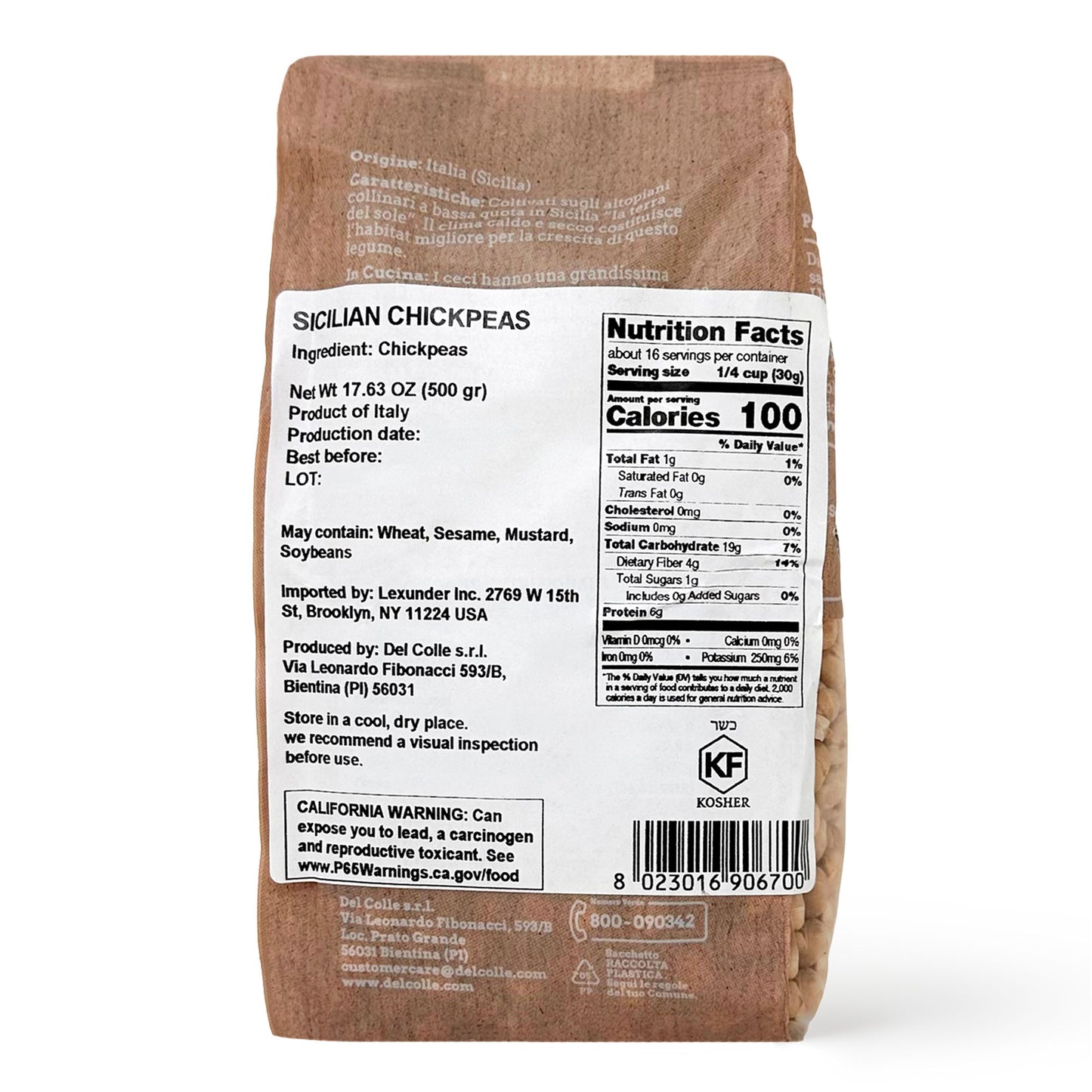 Del Colle Sicilian Chickpeas, 1.1 LB (500 g) – Vegan, Kosher, Bulk