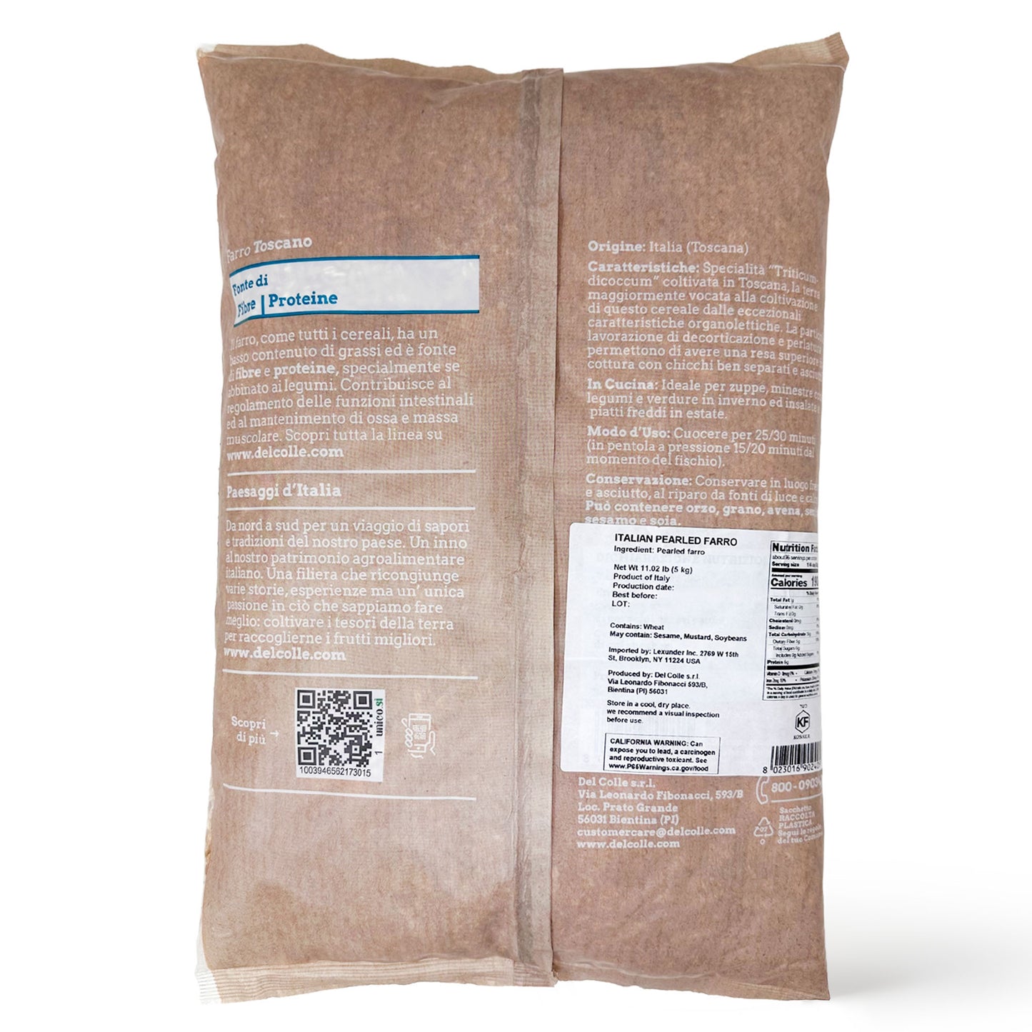 Del Colle Tuscany Pearled Farro, 11 LBS (5 kg) –  Sproutable, Vegan, Kosher