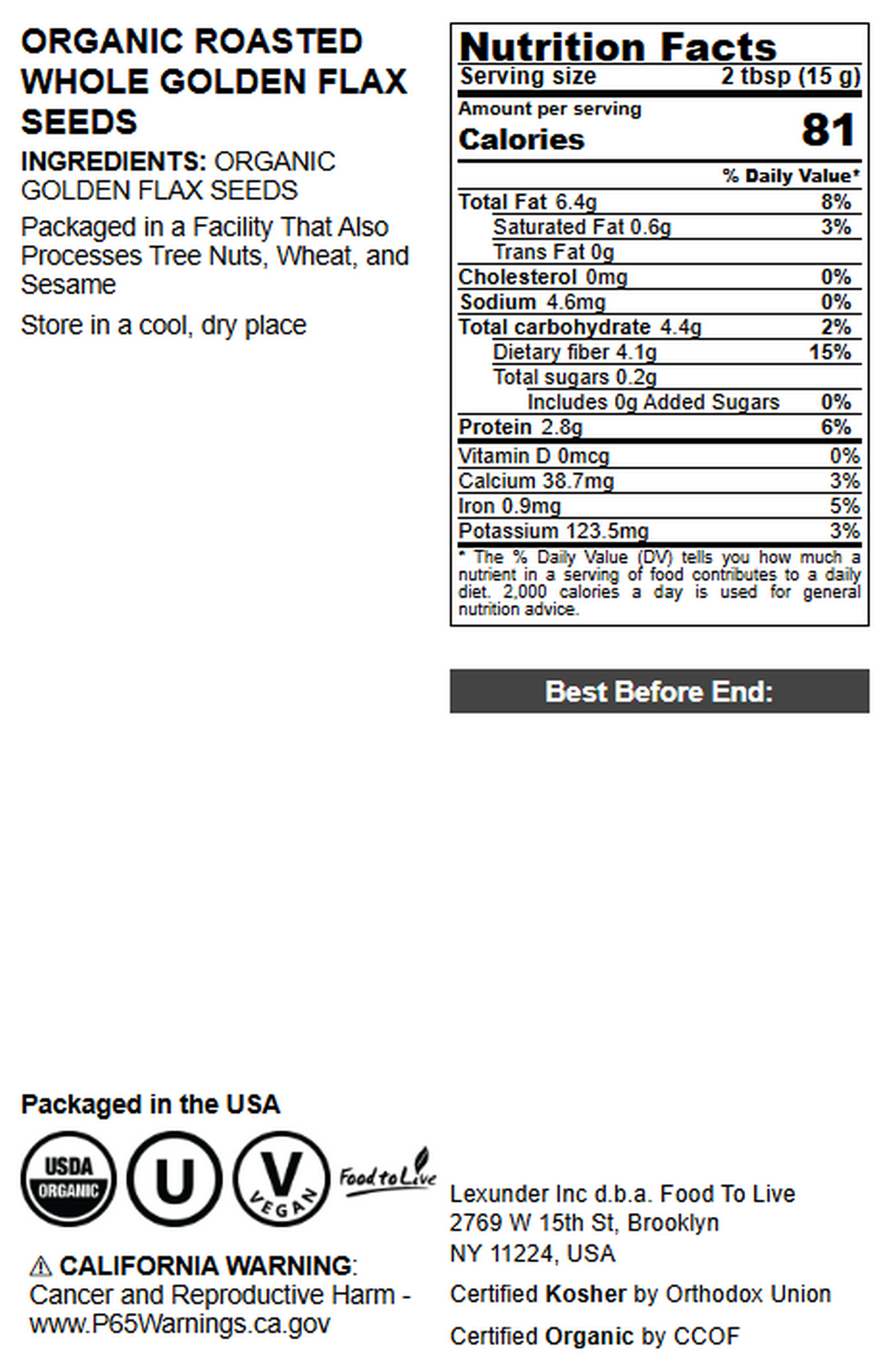 Organic Roasted Whole Golden Flax Seeds – Vegan, Kosher - by Food to Live