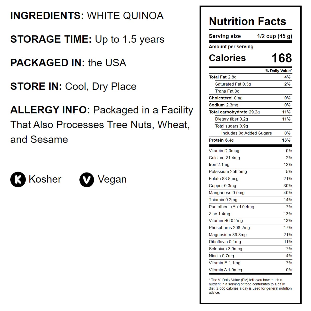 Pre-Cooked White Quinoa – Cooked and then Dehydrated. Add Hot Water and Wait 5-10 Minutes Before Consumption. High in Healthy Fats, Protein, Fiber. Vegan, Kosher, Bulk