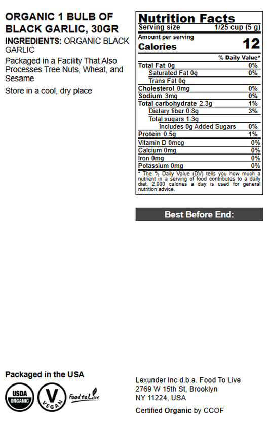 Organic Black Garlic, 30 g - Whole Bulb Produced by Natural Fermentation - by Food to Live