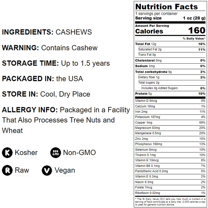 Cashew Nuts - Non-GMO Verified, Large Size W240, Whole Nuts, Unsalted, Kosher, Raw, Vegan, Bulk - by Food to Live