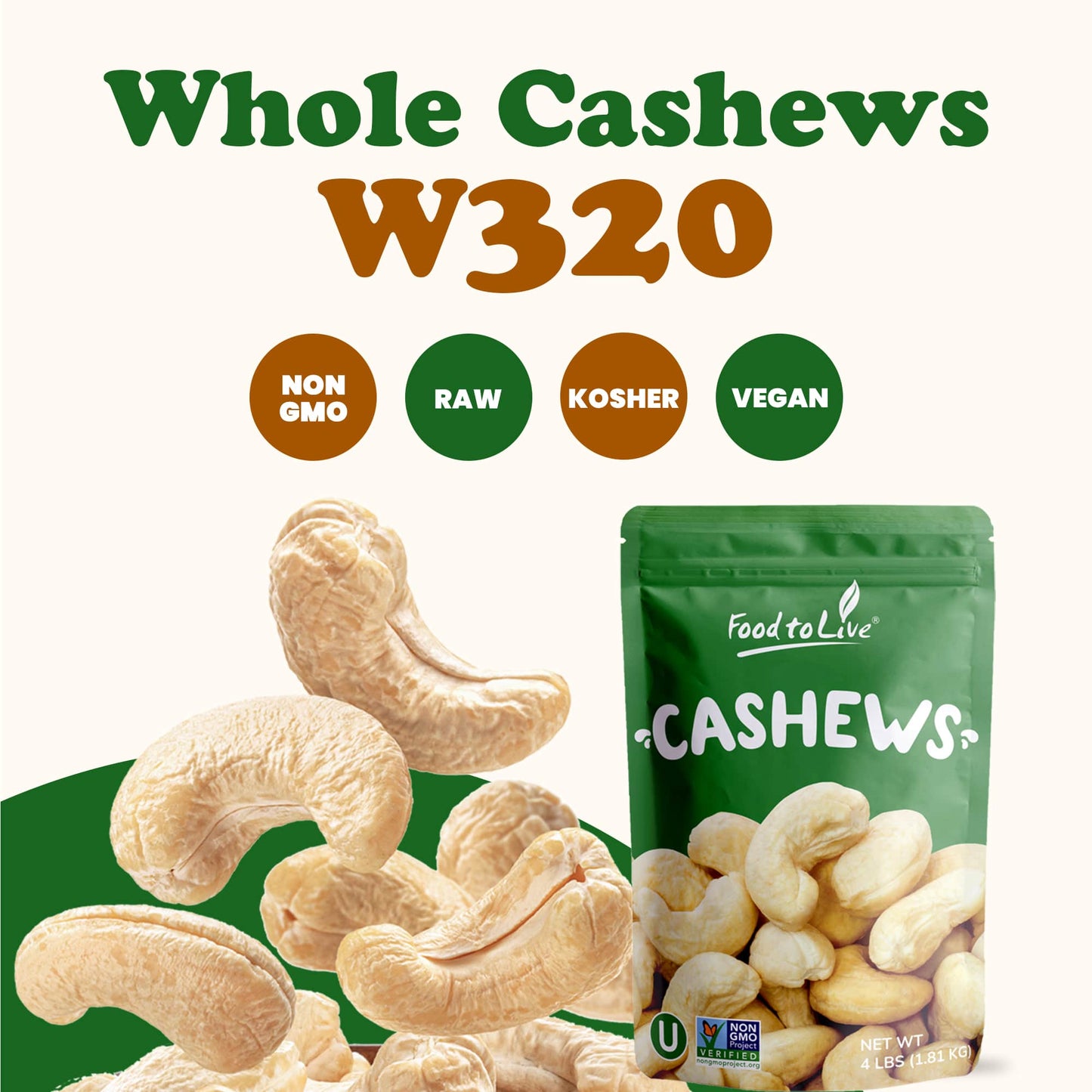 Raw Cashews – Non-GMO Verified, Deluxe Whole Nuts, Unsalted, Unroasted Fancy Snack, Size W-320, Kosher, Vegan, Bulk - by Food to Live