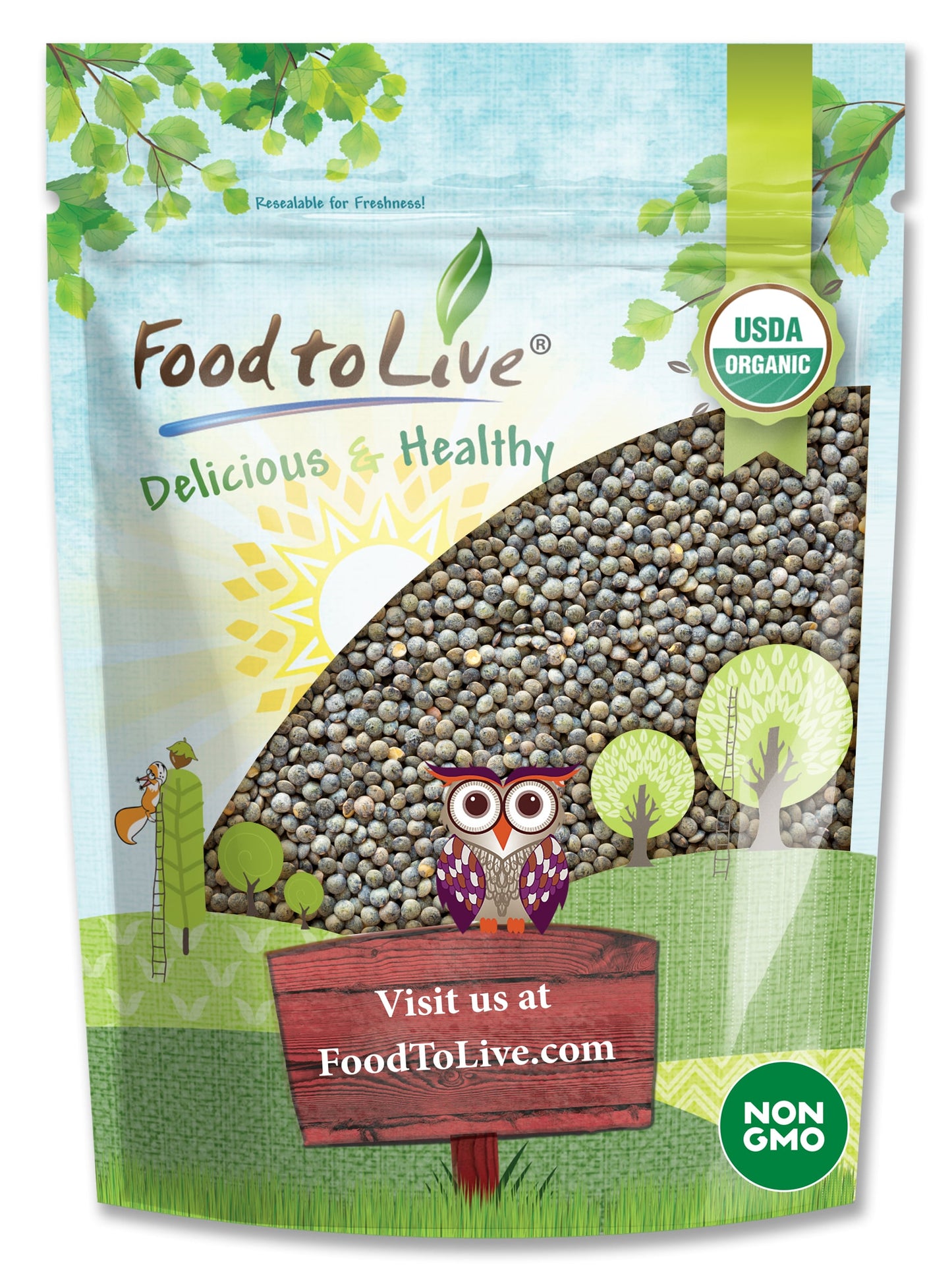 Organic French Green Lentils - Whole Dry Beans, Non-GMO, Kosher, Raw, Sproutable, Bulk - by Food to Live