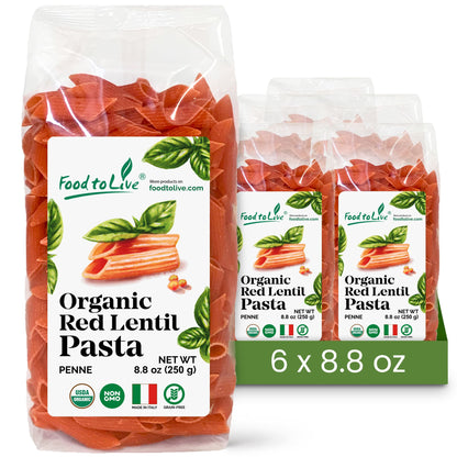 Organic Red Lentil Penne Pasta, 8.8 OZ – Non-GMO, Single Ingredient.  Vegan. Made in Italy.