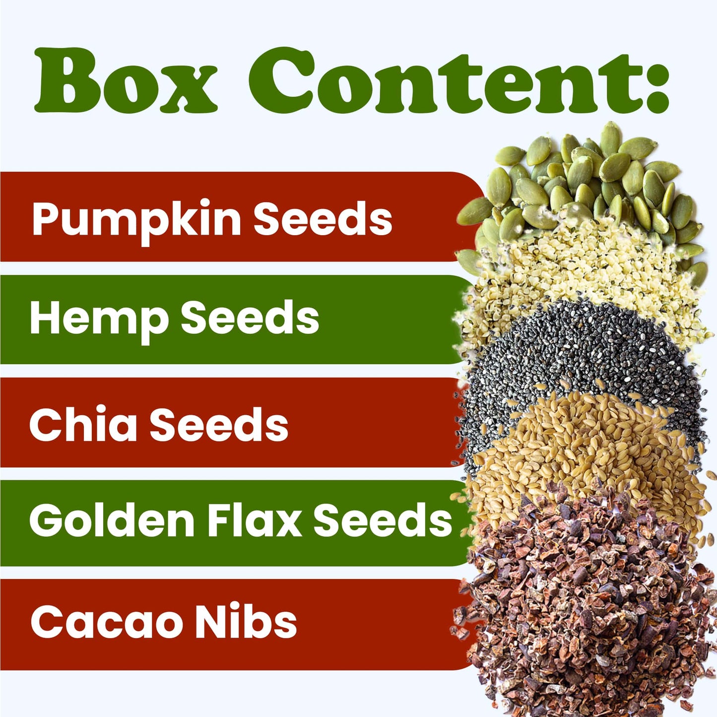 Organic Superfoods in a Gift Box - A Variety Pack of Pumpkin Seeds, Hemp Seeds, Chia Seeds, Golden Flax Seeds, Cacao Nibs - by Food to Live