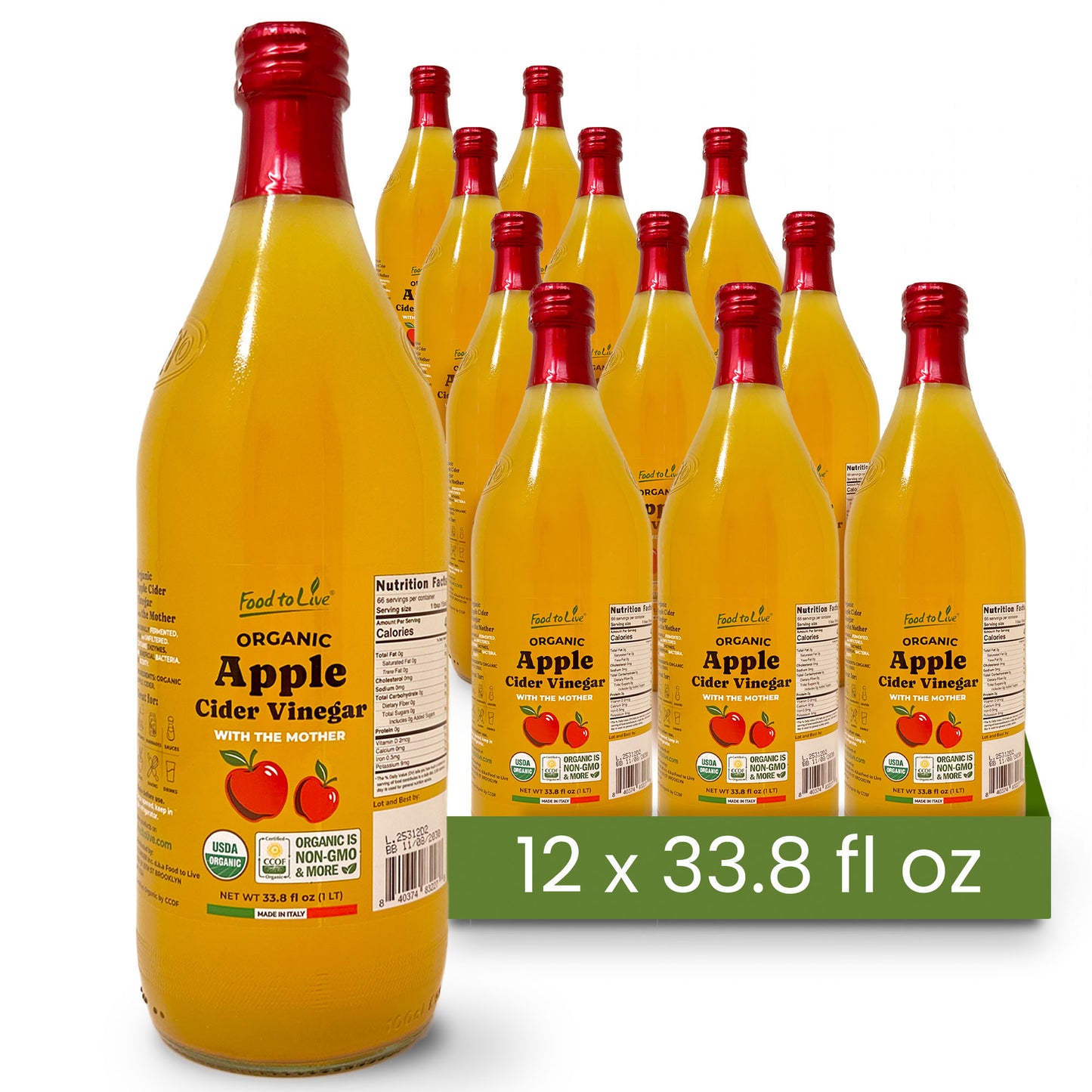 Organic Apple Cider Vinegar, 1 L –  Non-GMO, Vegan, Glass Bottle  –  by Food to Live