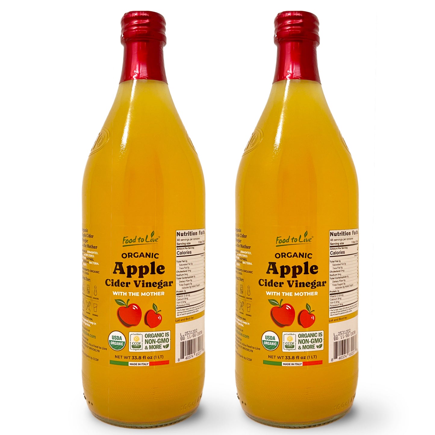 Organic Apple Cider Vinegar, 1 L –  Non-GMO, Vegan, Glass Bottle  –  by Food to Live