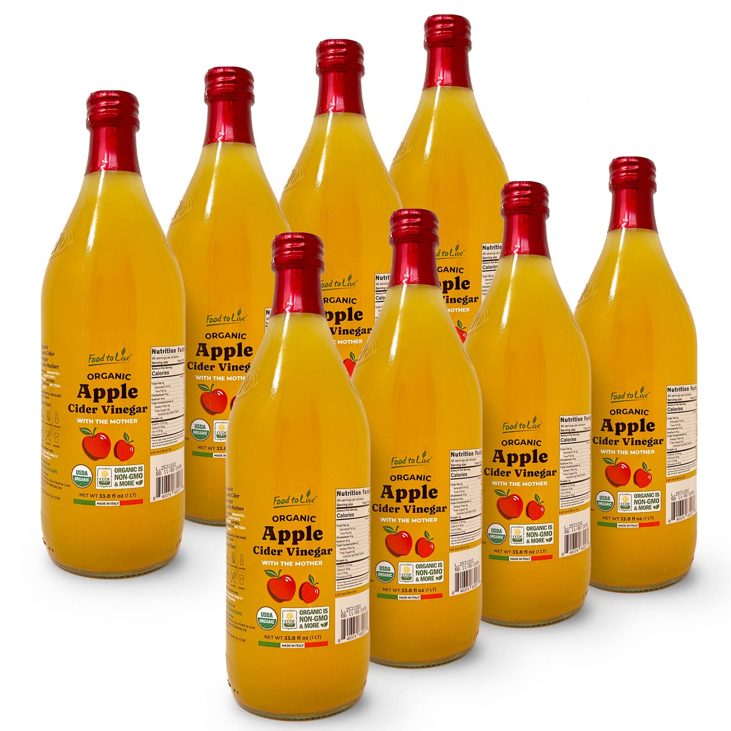 Organic Apple Cider Vinegar, 1 L –  Non-GMO, Vegan, Glass Bottle  –  by Food to Live