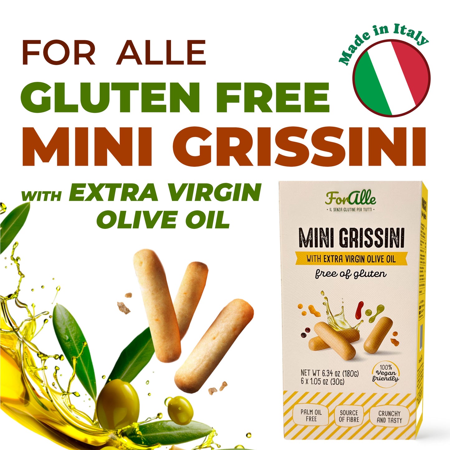 For Alle Gluten Free Mini Grissini with Extra Virgin Olive Oil, 6x1.05 oz (6.34 oz) – Oven-Baked. Vegan. Cholesterol-Free
