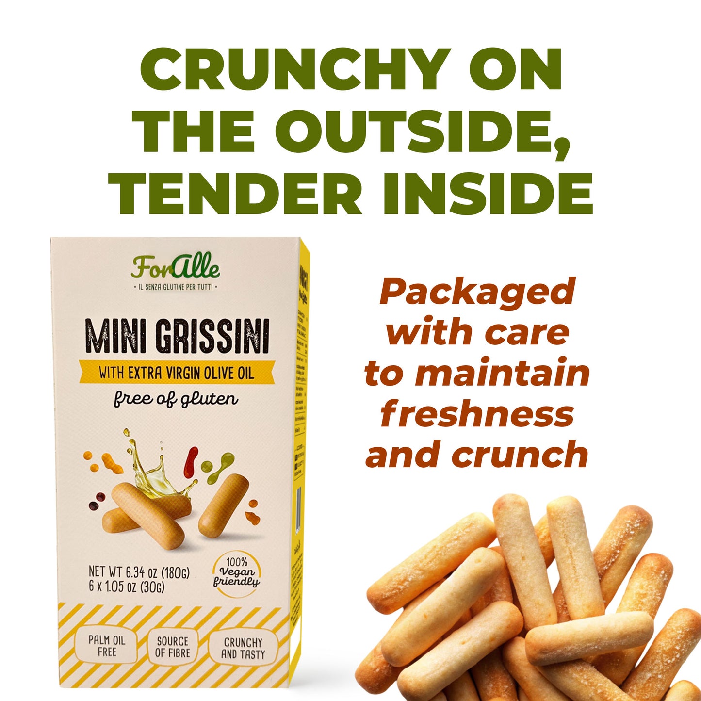 For Alle Gluten Free Mini Grissini with Extra Virgin Olive Oil, 6x1.05 oz (6.34 oz) – Oven-Baked. Vegan. Cholesterol-Free