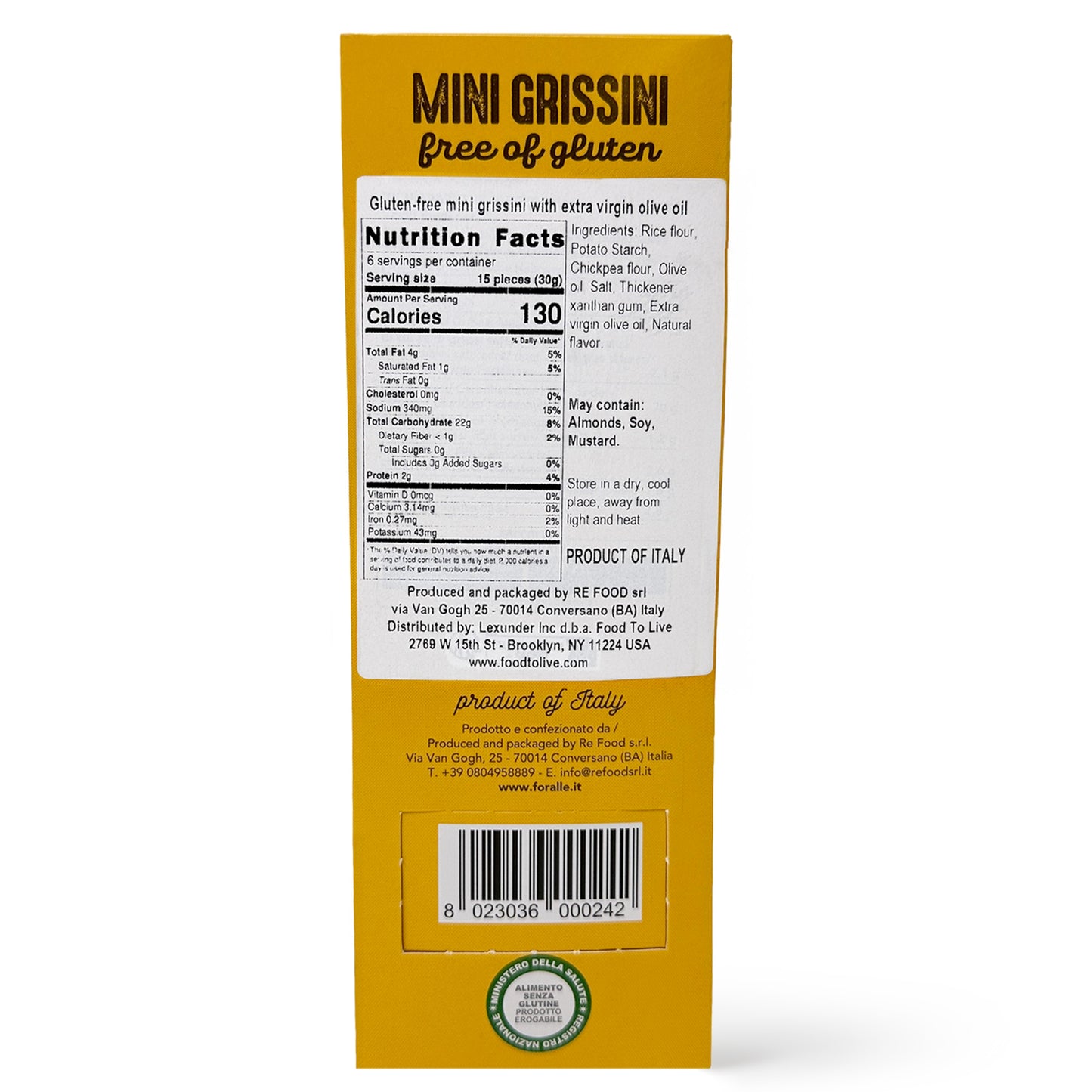For Alle Gluten Free Mini Grissini with Extra Virgin Olive Oil, 6x1.05 oz (6.34 oz) – Oven-Baked. Vegan. Cholesterol-Free