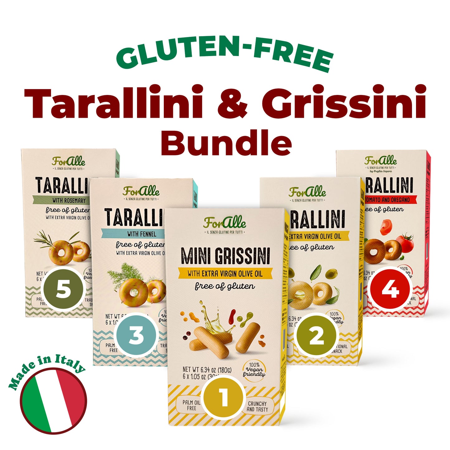 For Alle Gluten-Free Tarallini and Mini Grissini Bundle, Set of 5 –  Oven-Baked. Vegan. Cholesterol-Free