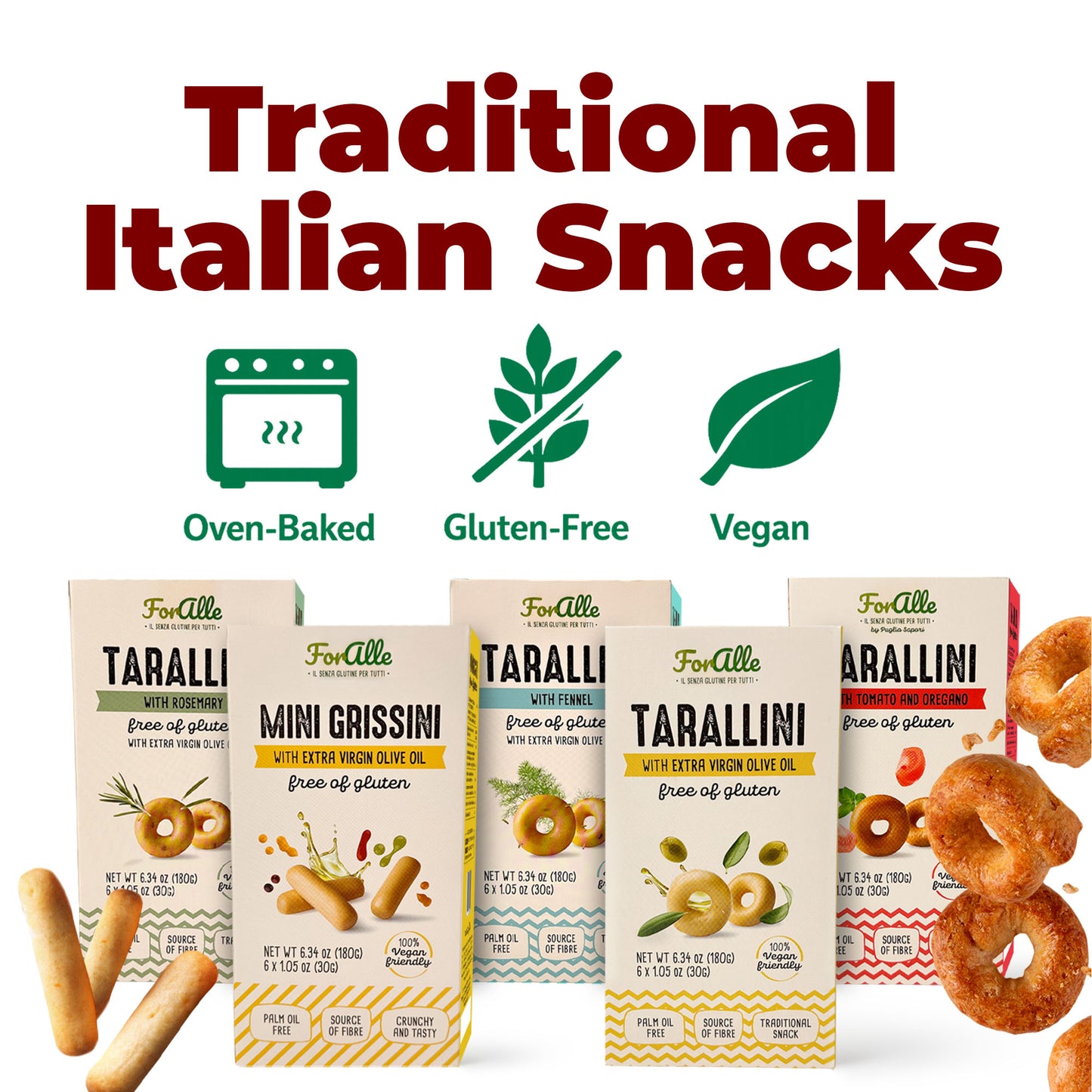 For Alle Gluten-Free Tarallini and Mini Grissini Bundle, Set of 5 –  Oven-Baked. Vegan. Cholesterol-Free
