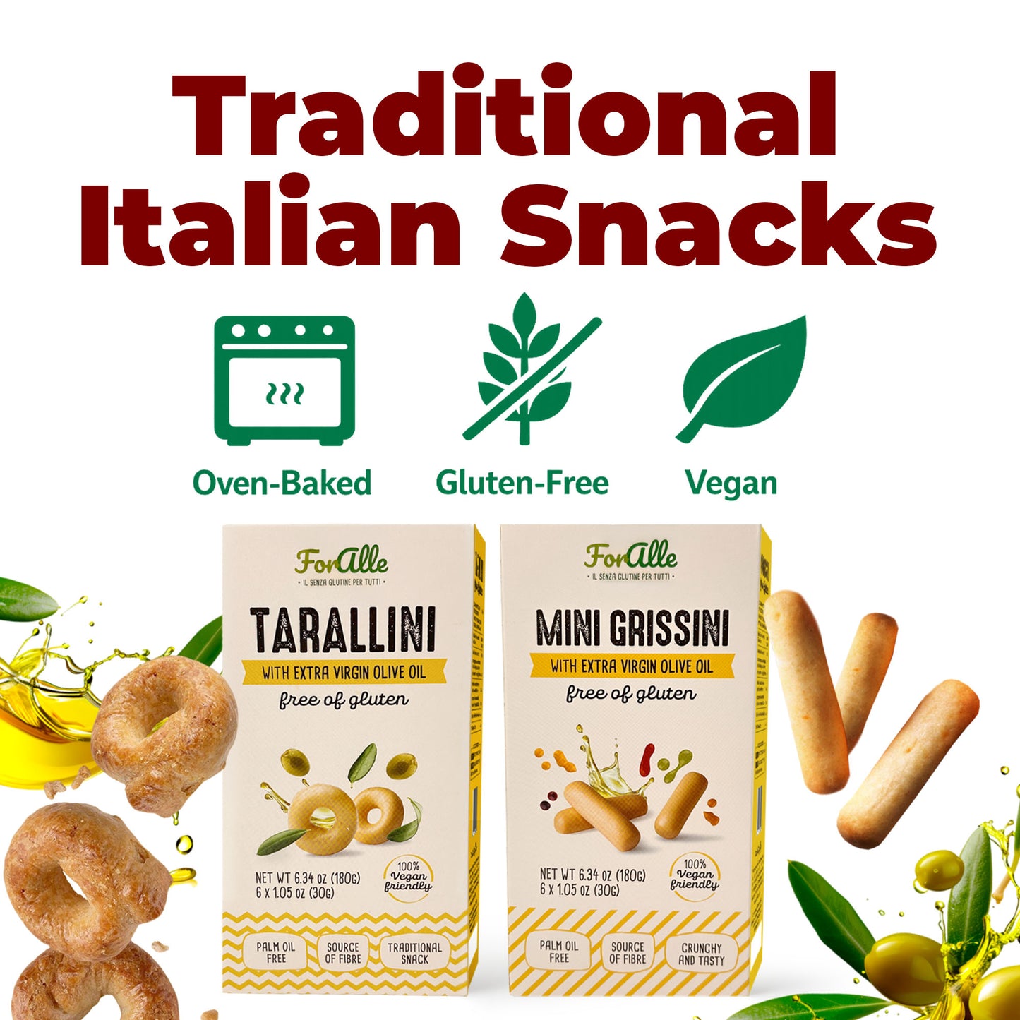 For Alle Gluten-Free Tarallini and Mini Grissini Bundle, Set of 2 –  Oven-Baked. Vegan. Cholesterol-Free.