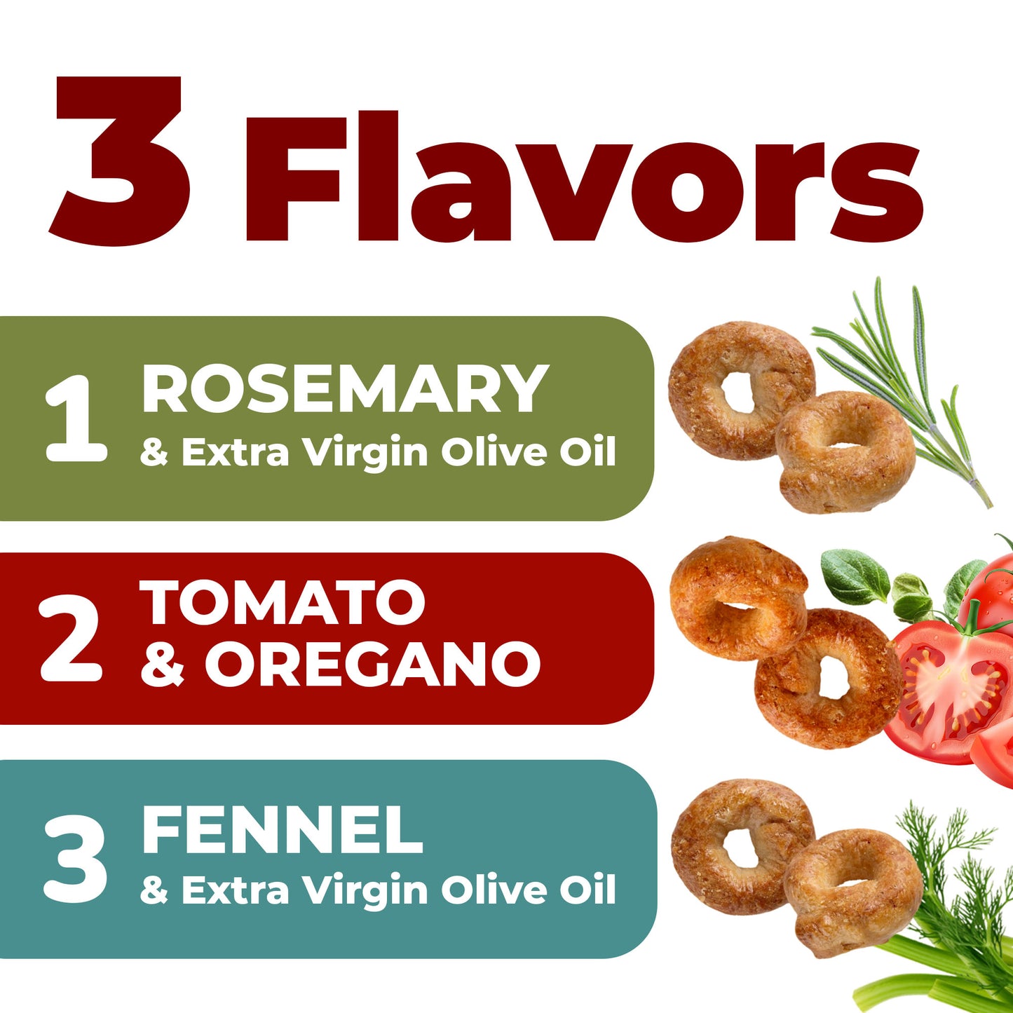 For Alle Gluten-Free Tarallini Bundle, Set of 3 – Traditional Italian Pugliese Snack with Fennel, Rosemary, Tomato and Oregano.