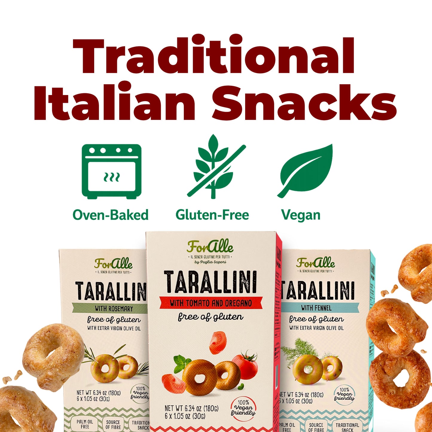 For Alle Gluten-Free Tarallini Bundle, Set of 3 – Traditional Italian Pugliese Snack with Fennel, Rosemary, Tomato and Oregano.