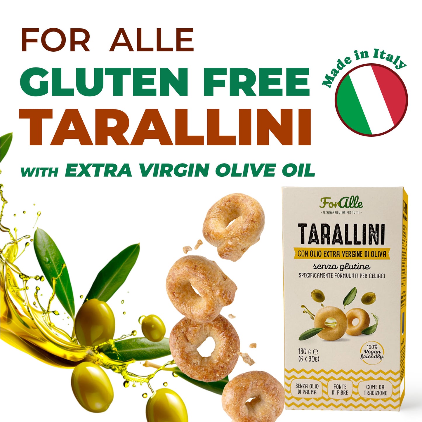 For Alle Gluten-Free Tarallini with Extra Virgin Olive Oil, 6x1.05 oz (6.34 oz) – Oven-Baked. Vegan. Cholesterol-Free