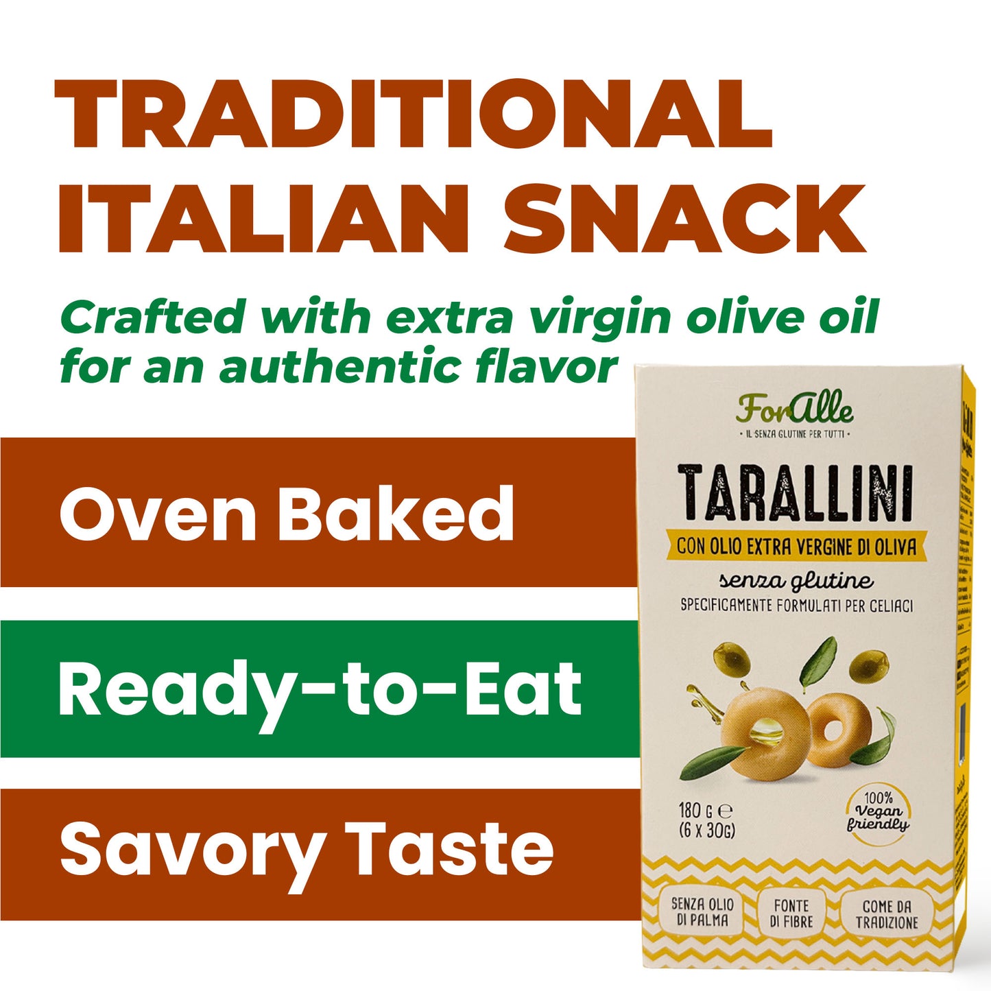 For Alle Gluten-Free Tarallini with Extra Virgin Olive Oil, 6x1.05 oz (6.34 oz) – Oven-Baked. Vegan. Cholesterol-Free
