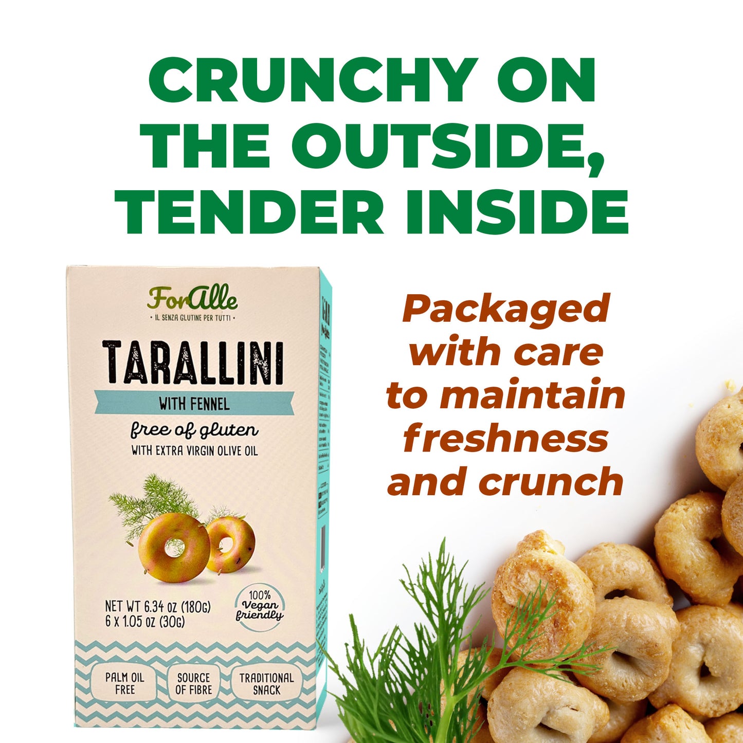 For Alle Gluten-Free Tarallini with Fennel and Extra Virgin Olive Oil, 6x1.05 oz (6.34 oz)  – Oven-Baked. Vegan. Cholesterol-Free.