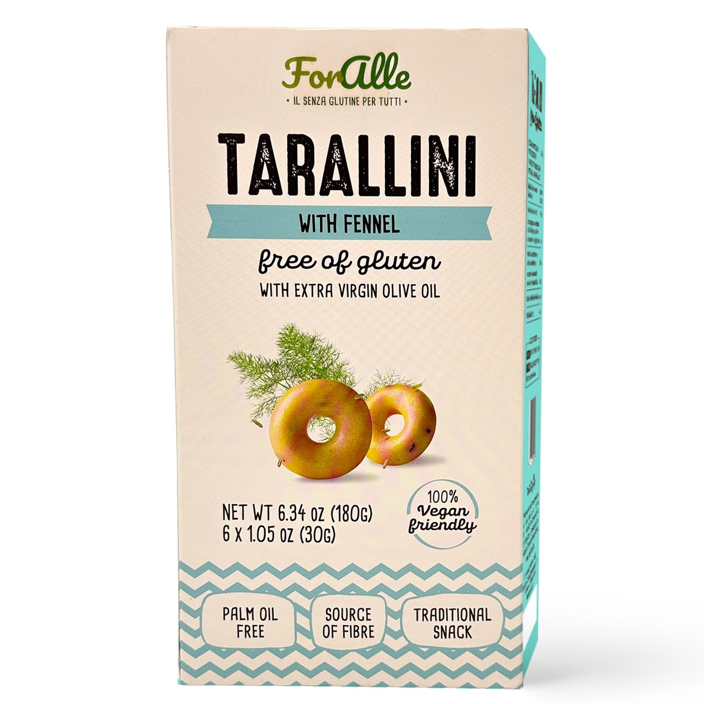For Alle Gluten-Free Tarallini with Fennel and Extra Virgin Olive Oil, 6x1.05 oz (6.34 oz)  – Oven-Baked. Vegan. Cholesterol-Free.