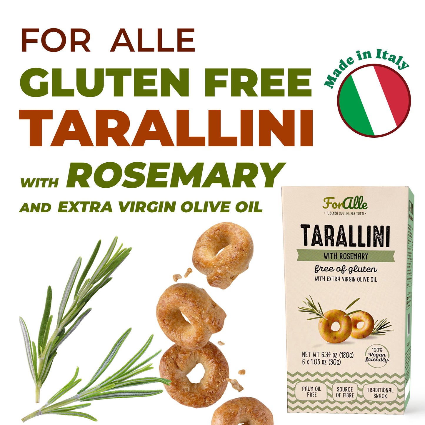 For Alle Gluten Free Tarallini with Tomato and Oregano, 6x1.05 oz (6.34 oz) – Oven-Baked. Vegan. Cholesterol-Free