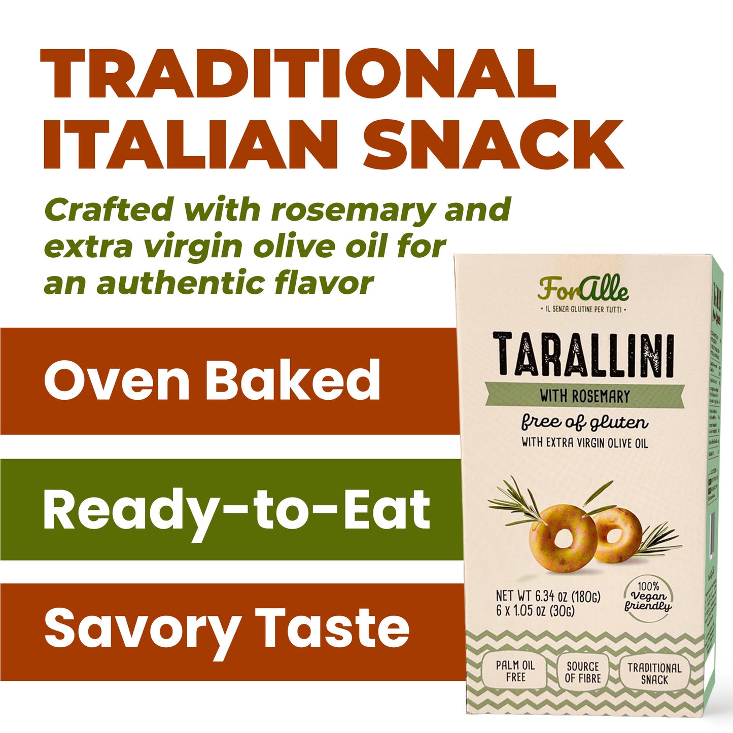 For Alle Gluten Free Tarallini with Tomato and Oregano, 6x1.05 oz (6.34 oz) – Oven-Baked. Vegan. Cholesterol-Free
