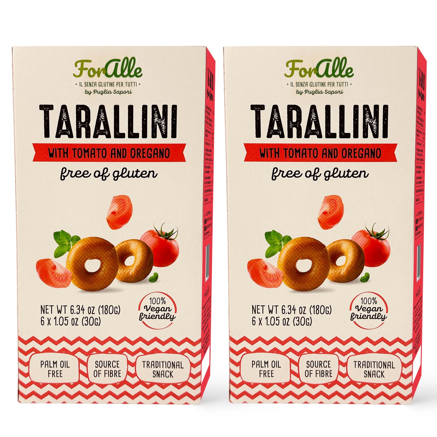 For Alle Gluten Free Tarallini with Tomato and Oregano, 6x1.05 oz (6.34 oz) – Traditional Italian Pugliese Snack. Oven-Baked. Vegan. Cholesterol-Free.