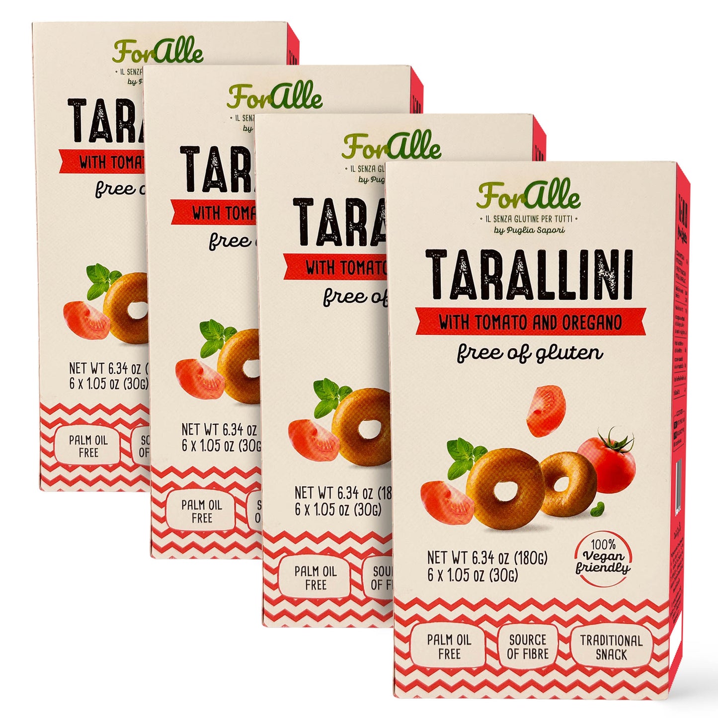 For Alle Gluten Free Tarallini with Tomato and Oregano, 6x1.05 oz (6.34 oz) – Traditional Italian Pugliese Snack. Oven-Baked. Vegan. Cholesterol-Free.