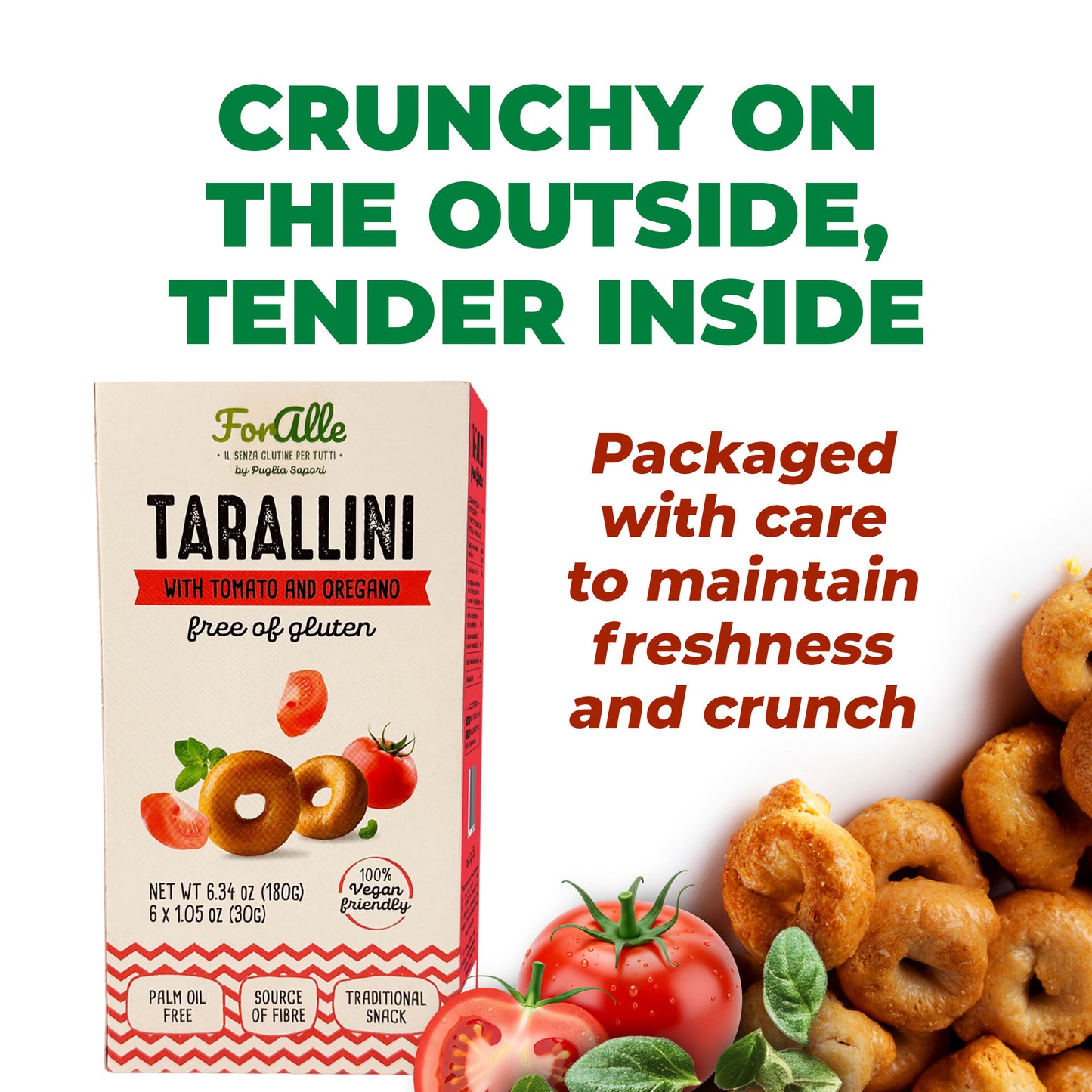 For Alle Gluten Free Tarallini with Tomato and Oregano, 6x1.05 oz (6.34 oz) – Traditional Italian Pugliese Snack. Oven-Baked. Vegan. Cholesterol-Free.