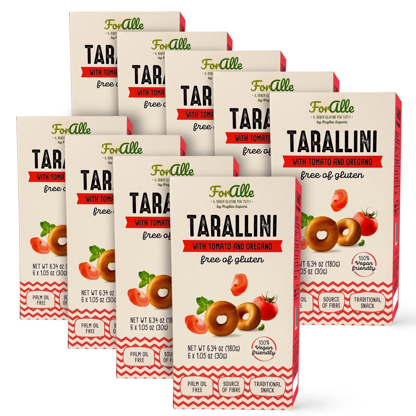 For Alle Gluten Free Tarallini with Tomato and Oregano, 6x1.05 oz (6.34 oz) – Traditional Italian Pugliese Snack. Oven-Baked. Vegan. Cholesterol-Free.