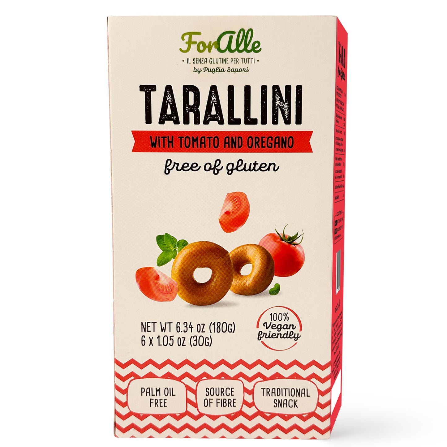 For Alle Gluten Free Tarallini with Tomato and Oregano, 6x1.05 oz (6.34 oz) – Traditional Italian Pugliese Snack. Oven-Baked. Vegan. Cholesterol-Free.