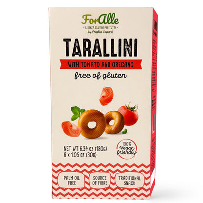 For Alle Gluten Free Tarallini with Tomato and Oregano, 6x1.05 oz (6.34 oz) – Traditional Italian Pugliese Snack. Oven-Baked. Vegan. Cholesterol-Free.