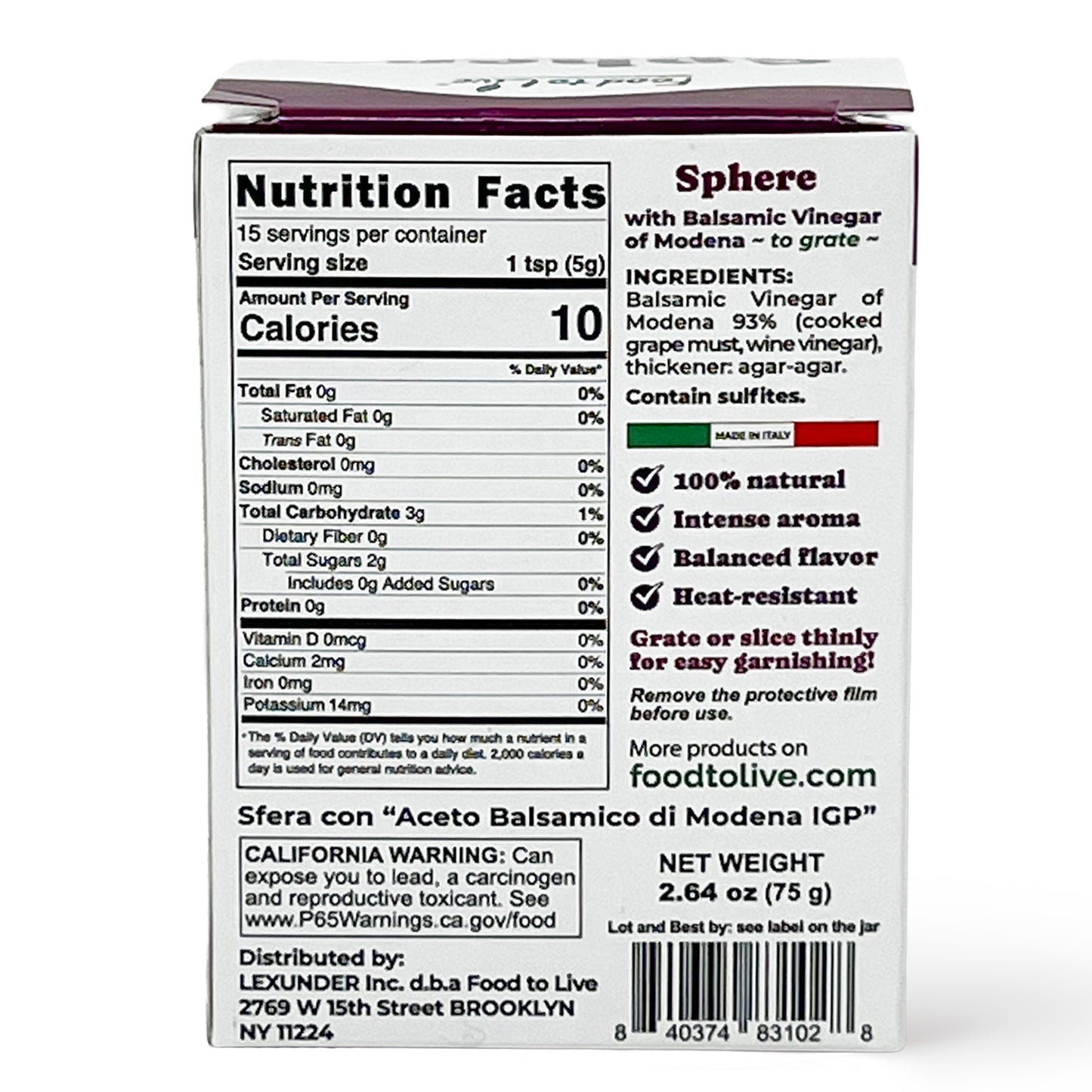 Sphere with Balsamic Vinegar of Modena, 75g (2.64 oz) – Vegan – by Food to Live
