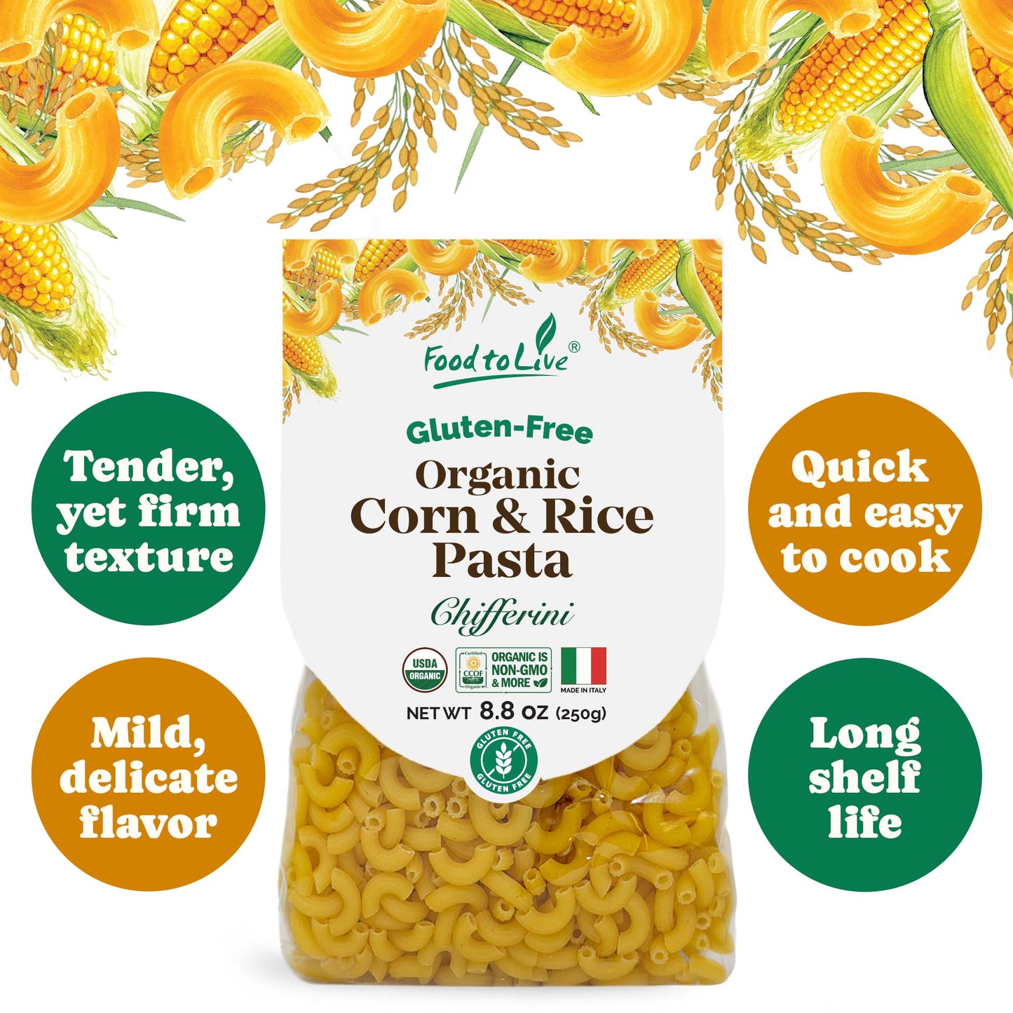 Gluten-Free Organic Corn and Rice Chifferini Pasta, 8.8 oz (250g) - by Food to Live