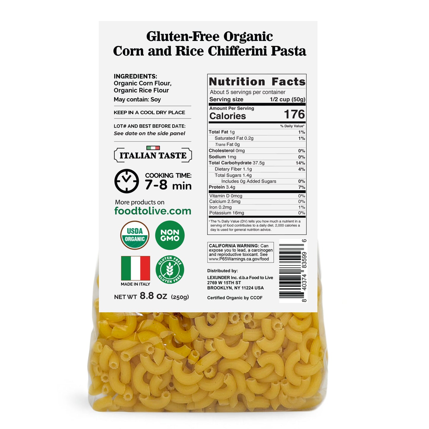 Gluten-Free Organic Corn and Rice Chifferini Pasta, 8.8 oz (250g) - by Food to Live