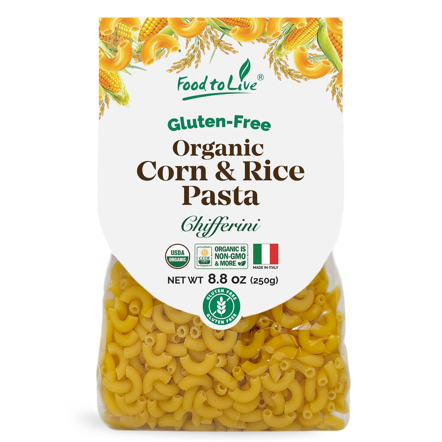 Gluten-Free Organic Corn and Rice Chifferini Pasta, 8.8 oz (250g) - by Food to Live