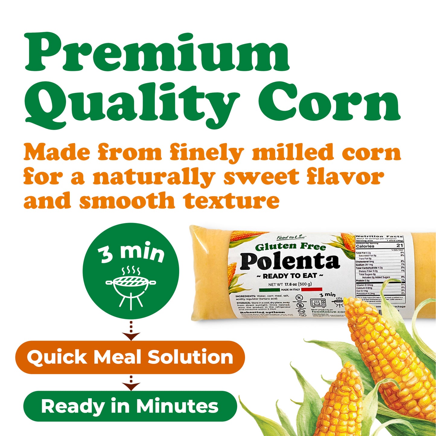 Gluten Free Polenta Ready To Eat - 500gr - by Food to Live