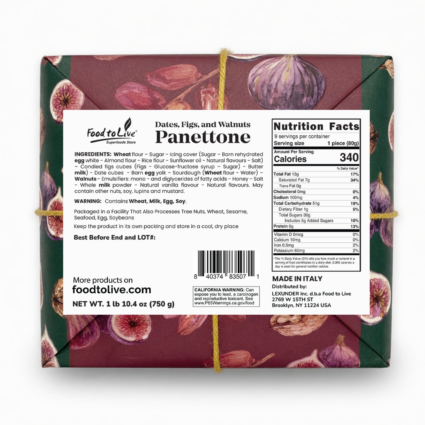 Italian Dates, Figs and Walnuts Panettone, 26.4 oz (750g) - by Food to Live