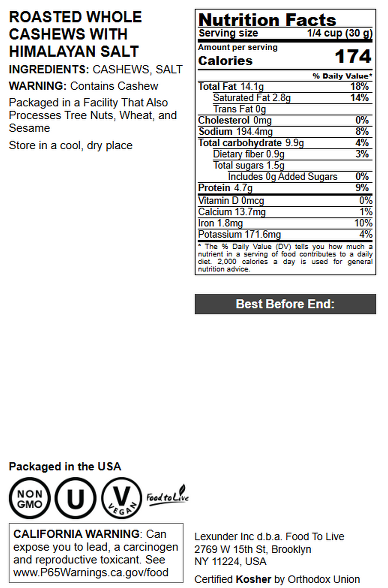 Dry Roasted Whole Cashews with Himalayan Salt - by Food To Live