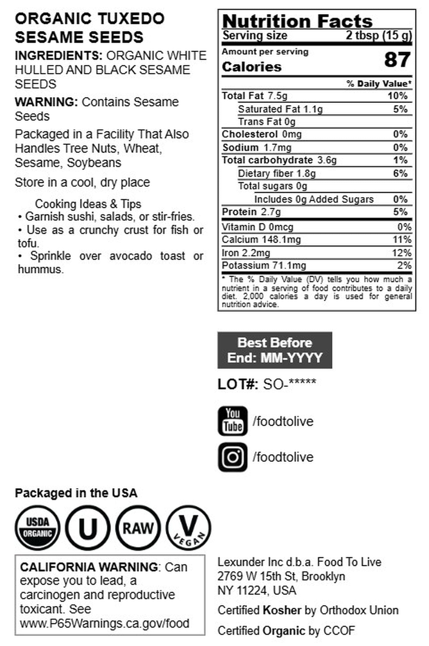 Organic Tuxedo Sesame Seeds - NON-GMO, Vegan, Kosher - by Food to Live