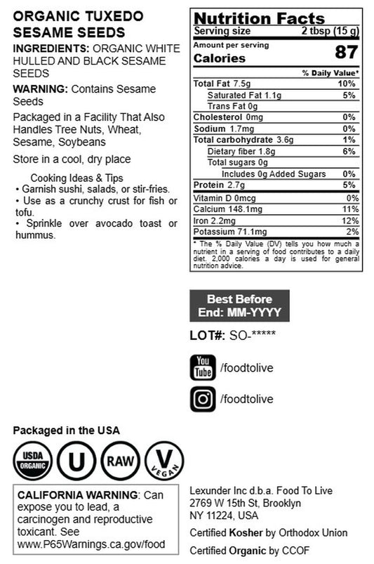 Organic Tuxedo Sesame Seeds - NON-GMO, Vegan, Kosher - by Food to Live