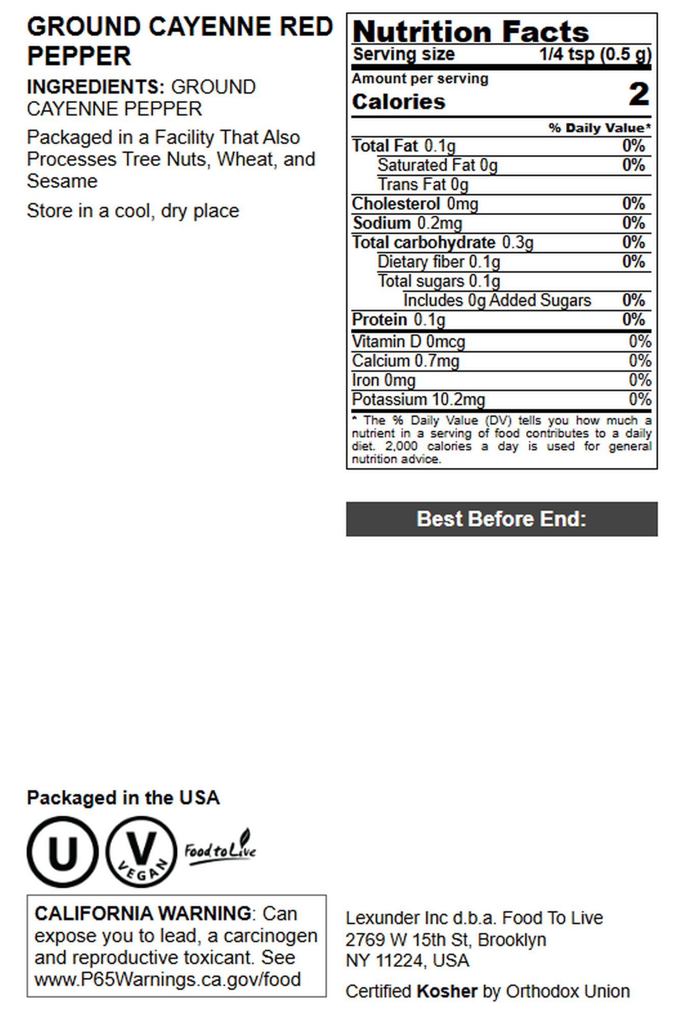 Ground Cayenne Pepper – 60,000 SHU Hot Red Chile Spice. Vegan, Kosher - by Food To Live