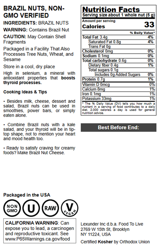 Brazil Nuts, Non-GMO Verified - by Food To Live